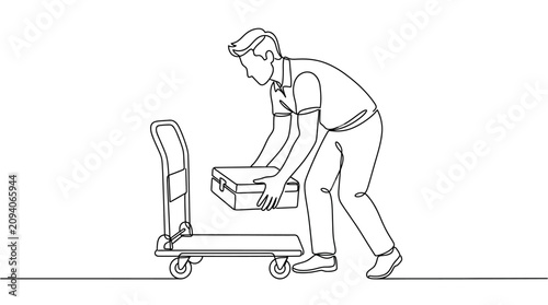 Foto Man loading luggage onto a hand truck, continuous line drawing illustration