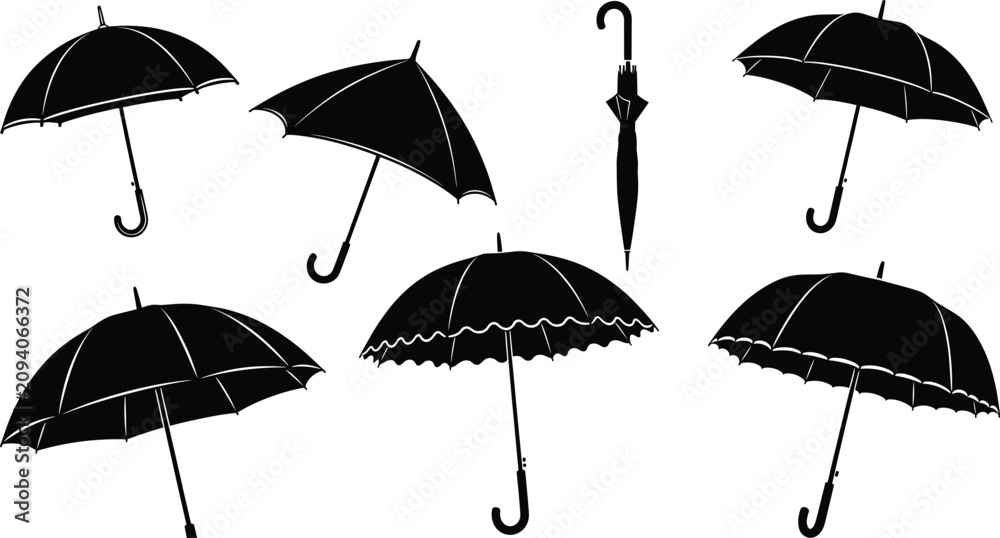 Obraz premium Umbrella icon set, assorted dome, scalloped, and closed canopy designs, black silhouette weather protection symbols, vector illustration