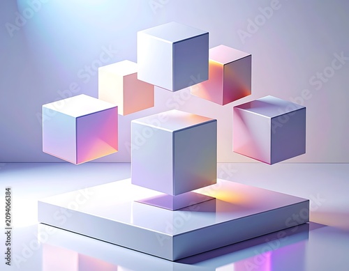 Iridescent cubes on white platform.