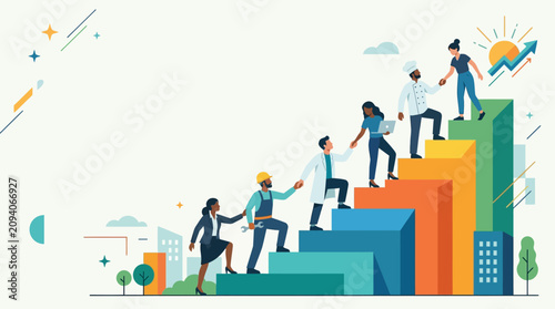 Diverse workers helping each other climb up colorful stairs for career growth concept