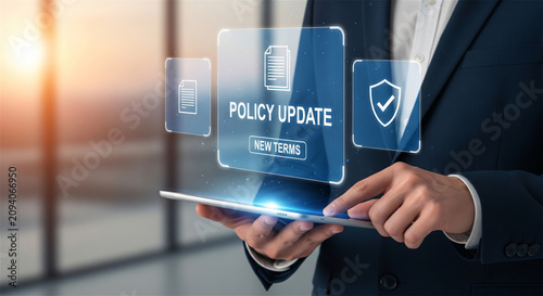 Policy update interface on digital tablet, businessman reviewing new terms and compliance rules