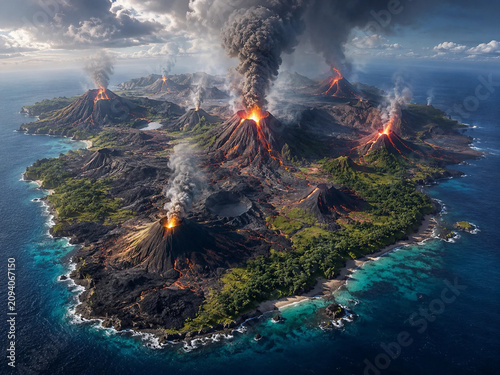 Dramatic Volcanic Island with Erupting Volcanoes in the Ocean.