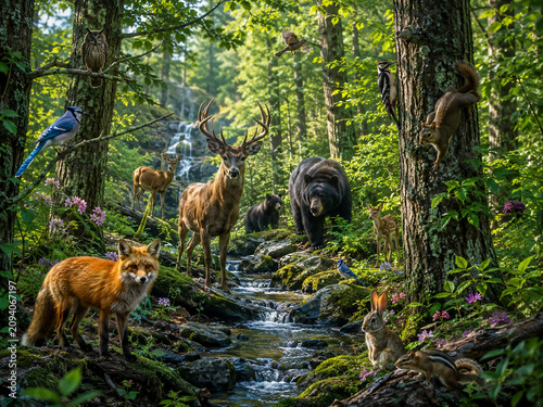 Wild Forest Animals Gathered Around a Woodland Stream.