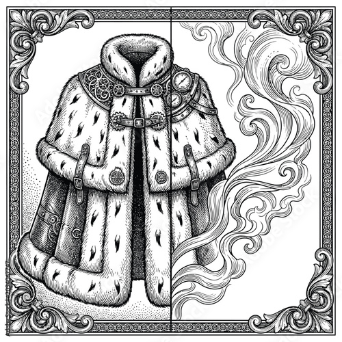 Detailed ink illustration of a royal fur cape with ornate decorative frame.