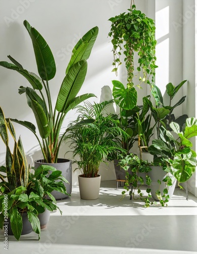 Collection of Lush Green Houseplants in a Bright, Sunlit Room.
