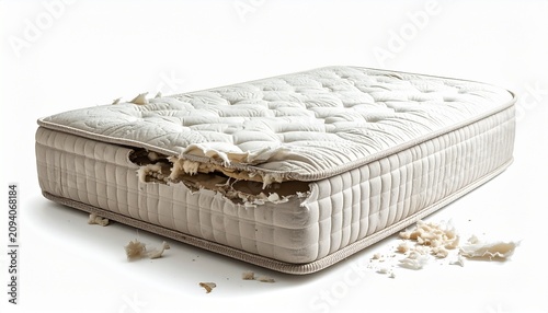 Damaged old mattress with torn foam and springs exposed, isolated on white background