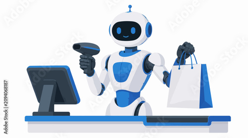 Photos Robot cashier scanning bag at store checkout.