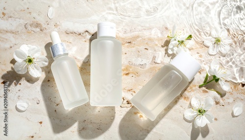 Minimalist Skincare Bottles with Delicate White Flowers and Water Droplets.