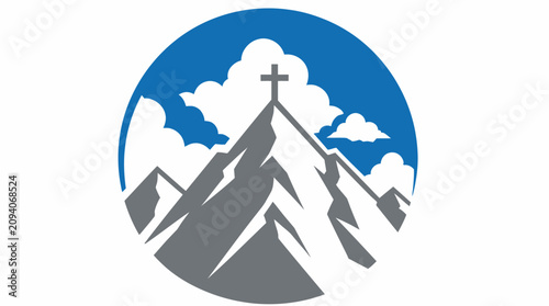 Christian cross on mountain peak with clouds