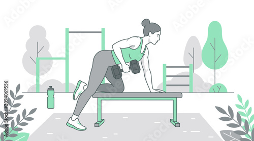 Tableau sur toile Woman training with dumbbells on gym bench.