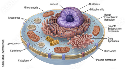 Tableau sur toile The detailed illustration depicts a cell's internal structures including Nucleus, Mitochondria, and Ribosomes in a Biology laboratory setting for educational purposes
