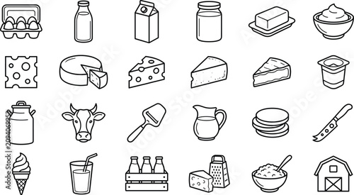 Cuadro en lienzo Dairy product and milk line art icon set featuring cheese butter yogurt eggs cow
