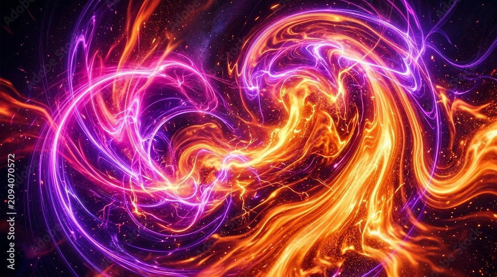 Fototapeta premium Abstract glowing energy swirls of orange and neon purple light with abstract