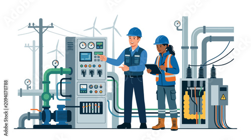 Принти на полотні Electrical technicians inspecting industrial power grid and control panel