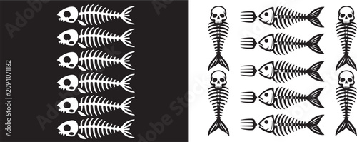Fish skeleton and skull vector icon set with fork and bone graphics for environmental pollution and food safety themes