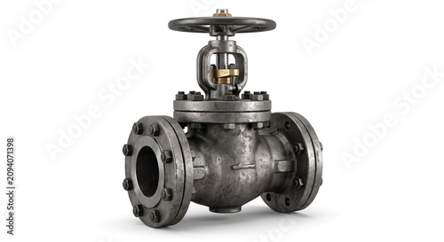 Heavy duty industrial metal globe valve with bolted flange connections.