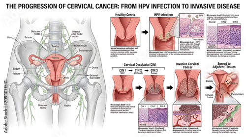 Bild auf Leinwand The progression of cervical cancer from HPV infection to invasive disease in hum