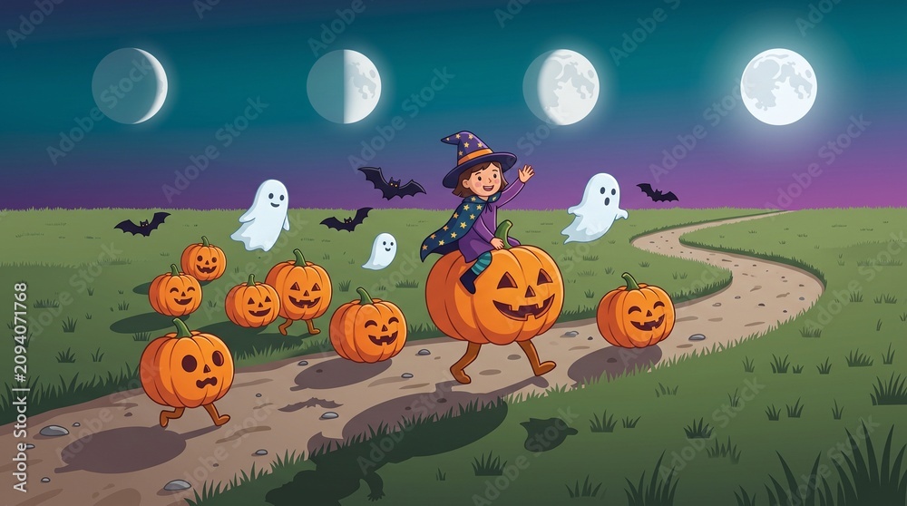 Naklejka premium Panoramic Halloween Character Procession with Child, Pumpkins, Ghosts and Bats Vector Illustration