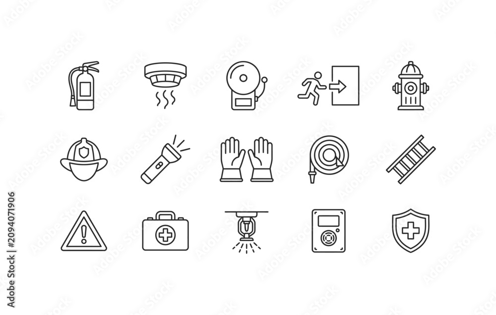 Fototapeta premium Fire safety equipment emergency prevention firefighting gear and rescue service line icon set