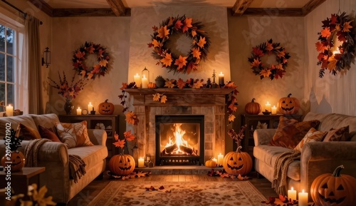 Cozy autumnal living room with halloween decorations and warm fireplace