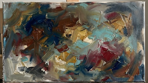 Vibrant abstract art oil painting created with colorful brushstrokes and textures on canvas