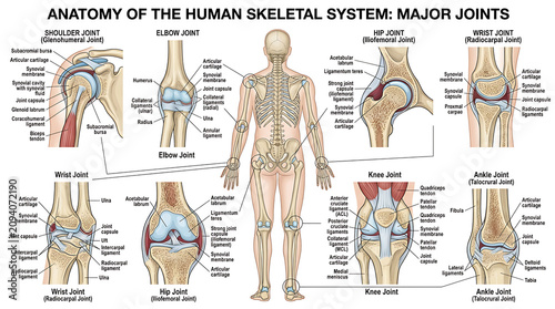 Принти на полотні The human skeletal system is shown with major joints labeled clearly