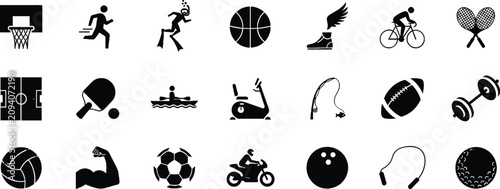 Foto Set of black sports icons featuring various athletic equipment activities and ex