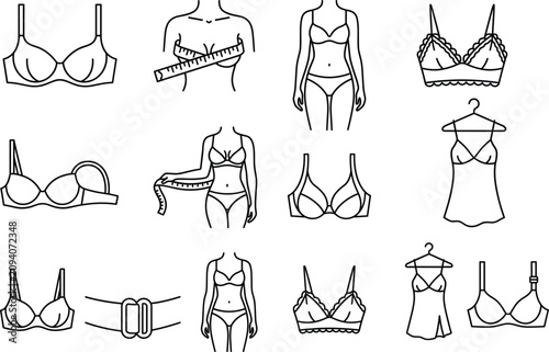 Women lingerie and bra sizing line art icon set featuring underwear measuring tape slip dress and mannequins