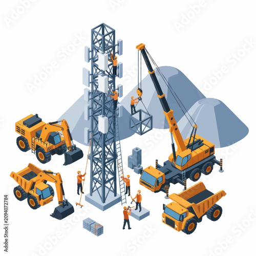 Construction site with telecom tower and heavy machinery.