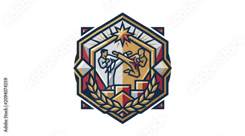 Colorful Hexagonal Emblem with Lion and Shield Design.