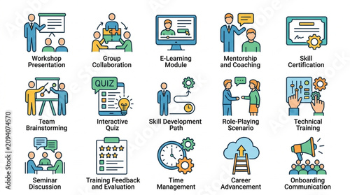 Colorful icons illustrating various business and technology concepts.