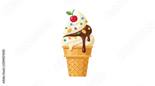 Colorful ice cream cone with chocolate and cherry topping.