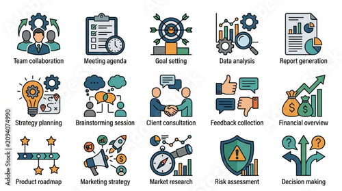 Colorful icons representing business and technology concepts.