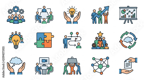 Colorful icons representing teamwork and business concepts.