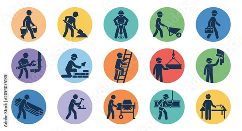 Colorful icons of various construction workers and tools.