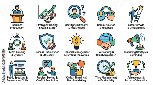 Colorful icons representing various business and lifestyle concepts.