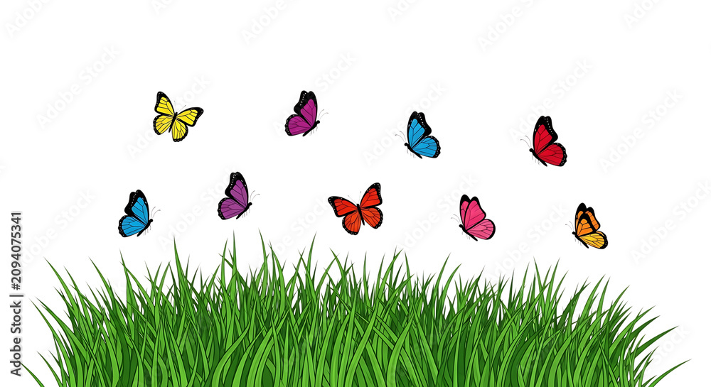 Obraz premium Group of colorful butterflies flying above a patch of green grass isolated on a transparent background, for spring and, nature themes, png. ai generated isolated on a transparent background