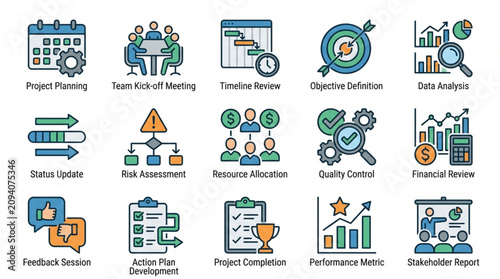 Colorful icons representing various business and technology concepts.