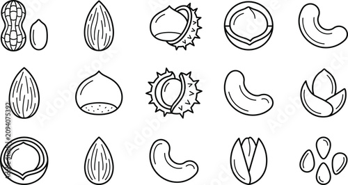 Foto Organic nuts and healthy seeds line art icon set featuring peanut almond chestnu
