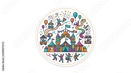 Colorful Illustrated Cityscape with Celebration Elements.