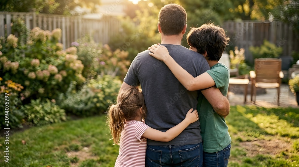 Fototapeta premium Children hugging father from behind in backyard, faceless rear view, warm golden afternoon light, candid family lifestyle moment