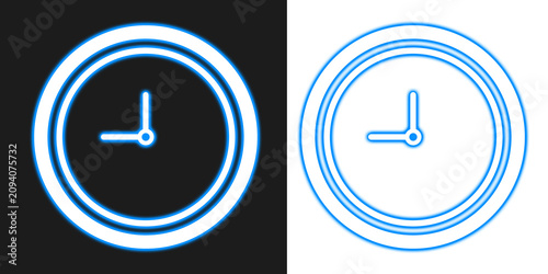 Photos Neon blue clock with pixelated version on a white background, for timekeeping in