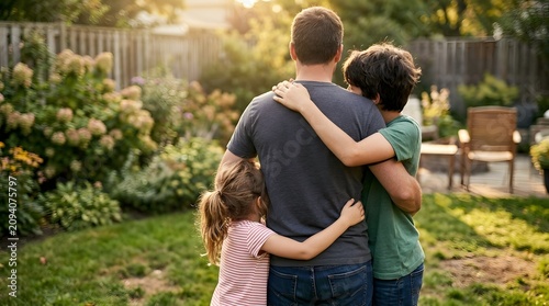 Children hugging father from behind in backyard, faceless rear view, warm golden afternoon light, candid family lifestyle moment