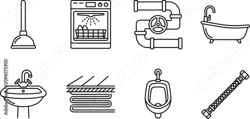 Plumbing service and bathroom renovation line art icon set featuring plunger dishwasher pipes sink and bathtub vectors