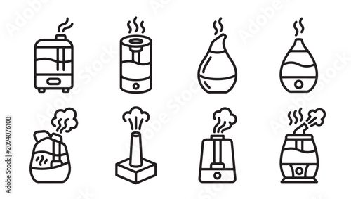 Indoor air humidifier and aroma diffuser icons set with humidifier diffuser purifier appliance electrical technology humidity wellness electric freshener collection illustration household
