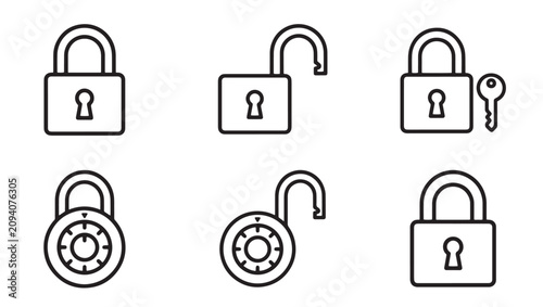 Set of vector outline icons representing various types of padlocks for security and protection with security protection combination mechanism hardware illustration blocking silhouette isolated