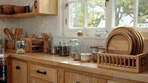 Rustic Wooden Kitchen Organization with Glass Jars and Plates