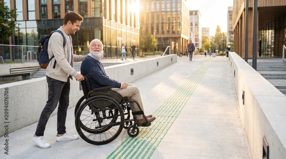 Obraz premium Young Man Assisting Senior Person in Wheelchair Outdoors