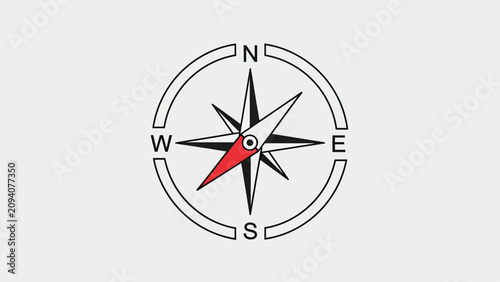 A minimalist, graphic illustration of a directional compass with red needle