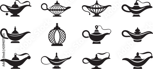 Bild auf Leinwand Collection of twelve black silhouette ancient magic oil lamps isolated on transparent background for mysterious fantasy story mood